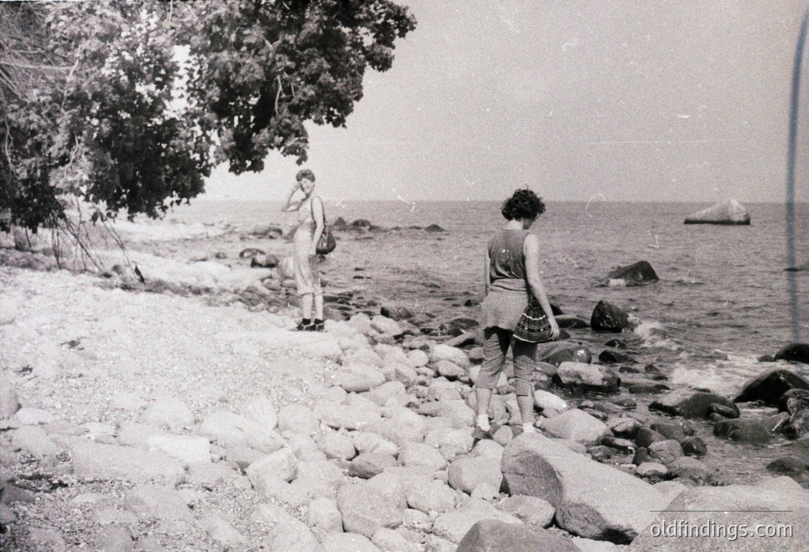 Black-and-white seaside scene featuring two individuals on rocky shore, mid-20th century. Woman in sleeveless dress and shorts stands near water’s edge; man in light trousers and shirt walks toward them. Tree provides partial shade over rocky foreground. Vintage grain and lighting suggest or coastal leisure.