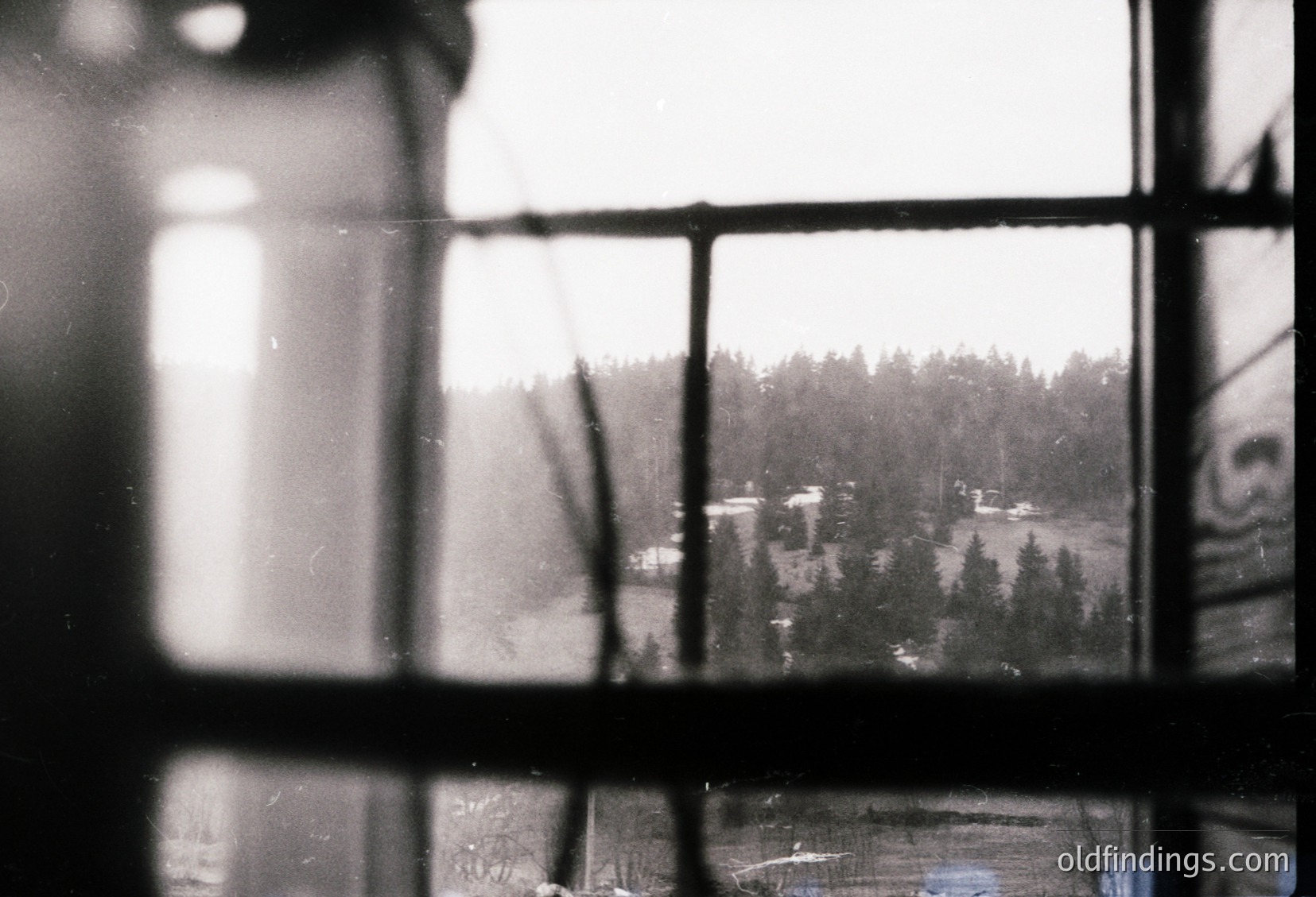 Black-and-white view through a leaded-pane window showing a misty, forested landscape with scattered buildings below. The grid pattern of the window frames the scene, adding texture. Likely mid-20th century domestic architecture.