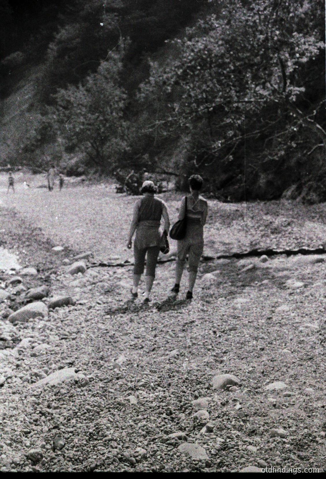 Couple hiking on rocky alpine trail, mid-20th century. Man in light jacket, woman in dark dress. Lush forest backdrop with distant hikers.