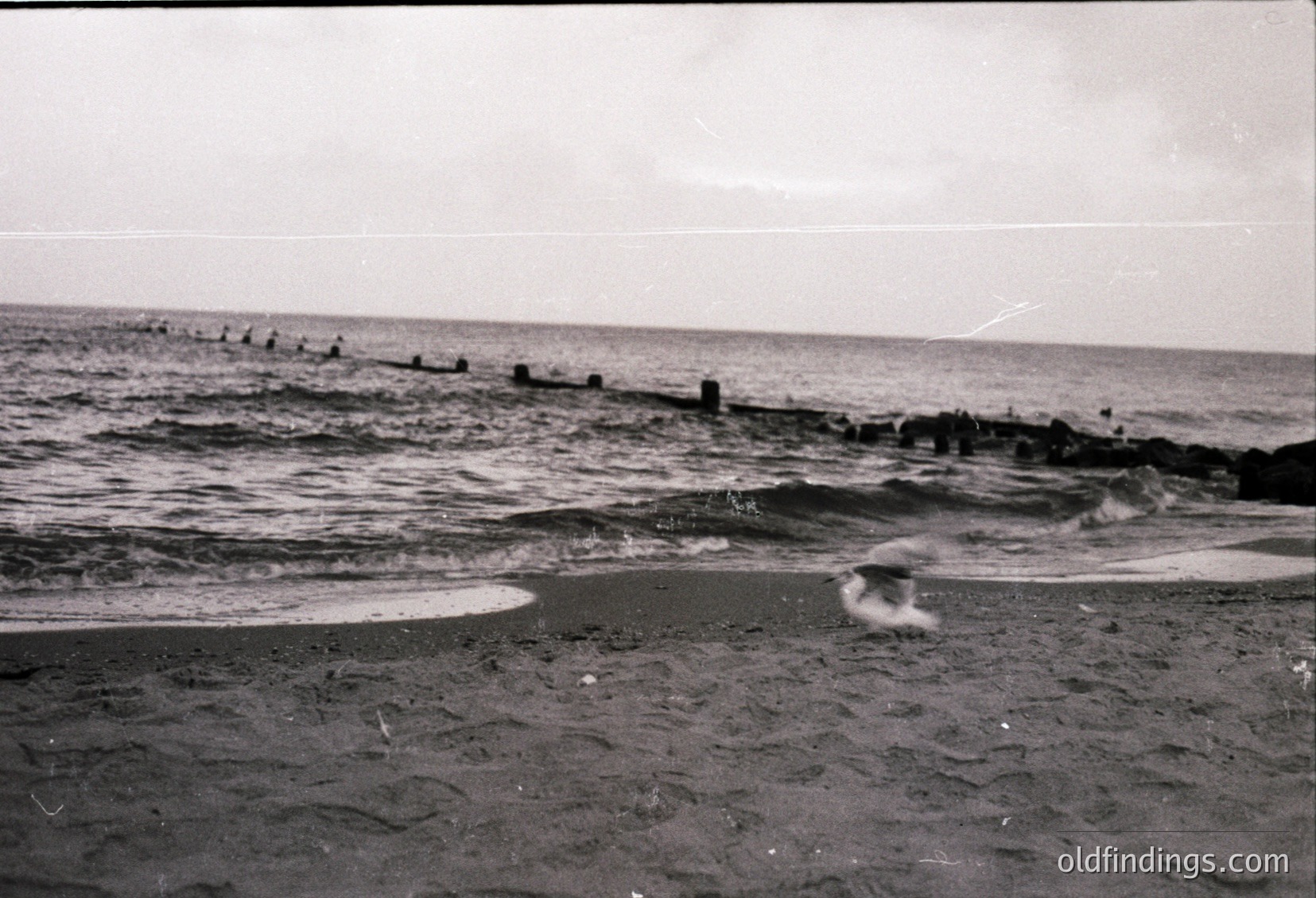 Black-and-white seaside shot featuring a rocky shoreline with gentle waves crashing onto pebbled beach. Wooden breakwater extends into water, lined with small figures—likely swimmers or surfers. Overcast sky enhances dramatic lighting. Mid-20th century coastal scene, possibly European.