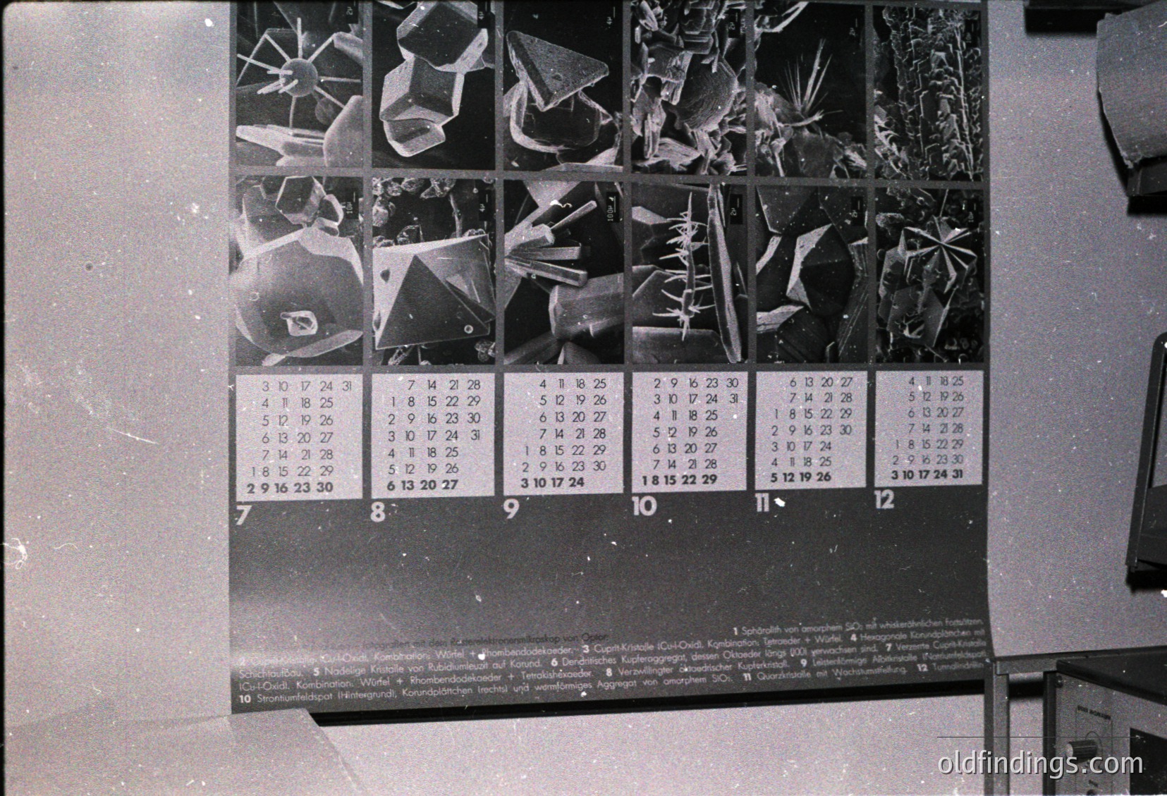 Vintage scientific crystal X-ray diffraction patterns arranged in a 3x4 grid on a blackboard, labeled with numerical codes (1-31) and German descriptions. Likely from a 1950s–1970s academic or industrial research setting. Useful for mineralogy, materials science, or historical STEM documentation.