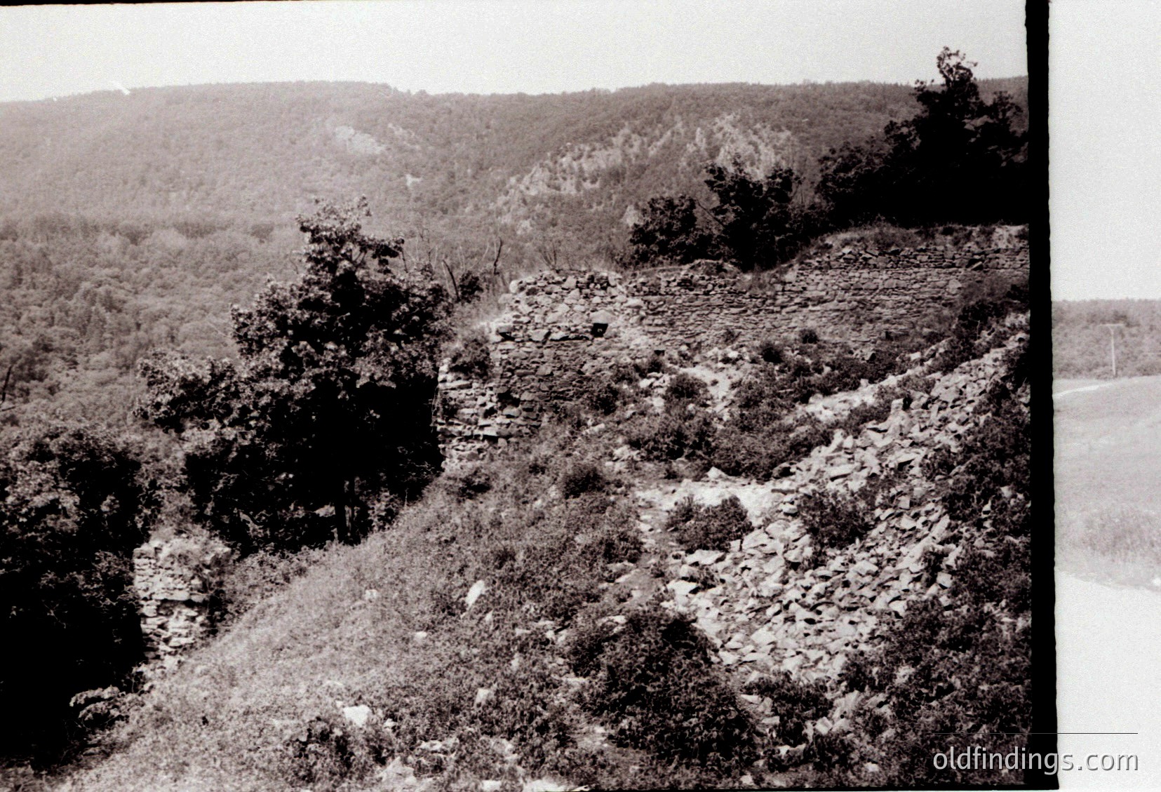 Vintage black-and-white landscape showing rugged terrain with sparse vegetation and rocky outcrops. The scene captures a steep, forested hillside descending into a valley with distant ridges. Likely mid-20th century due to monochrome and composition style.