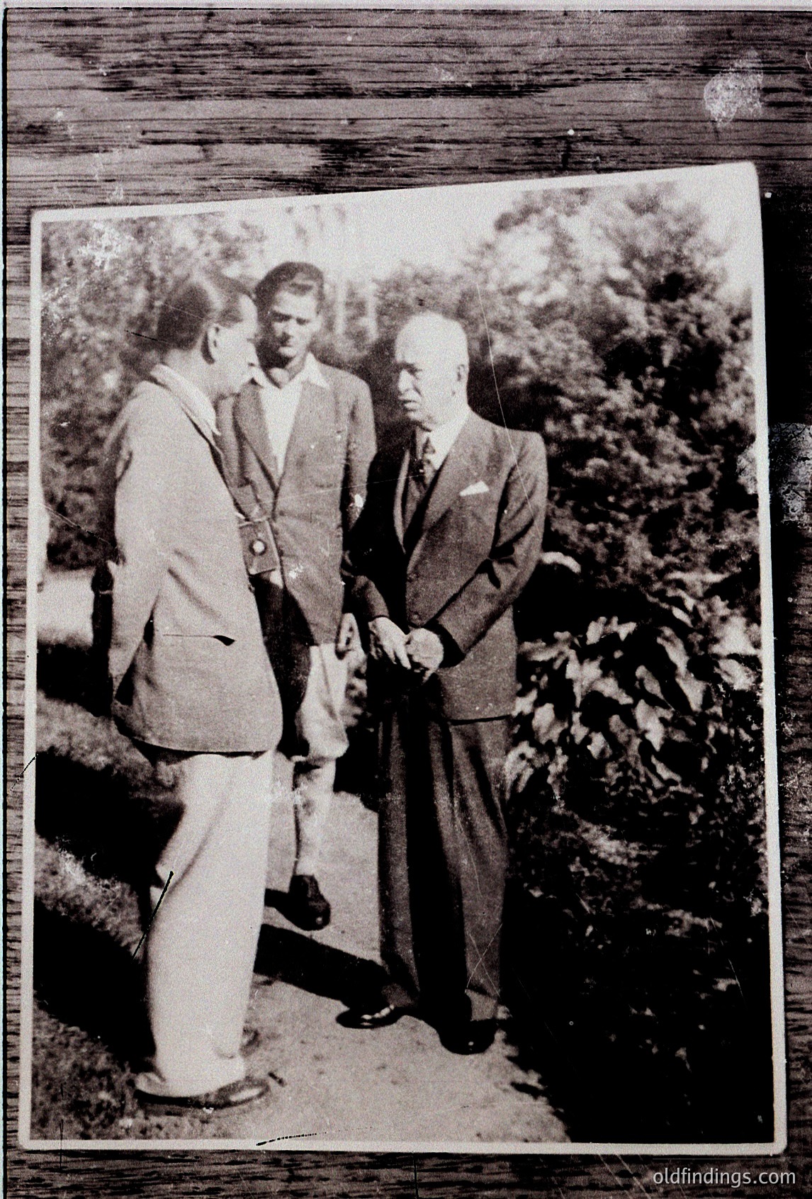 Three men in formal 1950s–60s attire pose outdoors in a lush garden setting. The older man in a dark suit and tie gestures toward a younger man in a light-colored suit, while a third man in a light jacket stands beside them. Vintage sepia-toned photo with visible frame edges.