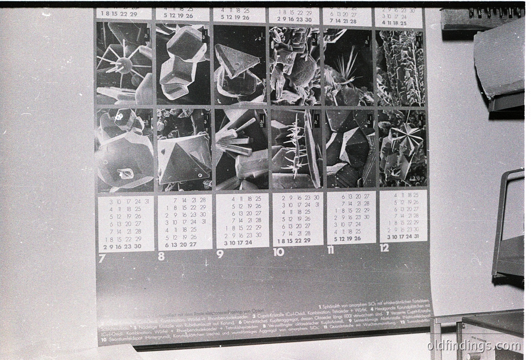 Scanning electron microscope (SEM) crystal structure analysis grid, likely from the 1970s–1980s. Twelve magnified images of crystalline formations with numerical labels (e.g., 1.8, 2.9) and reference codes below. Appears in a lab setting, possibly for material science or mineralogy research.
