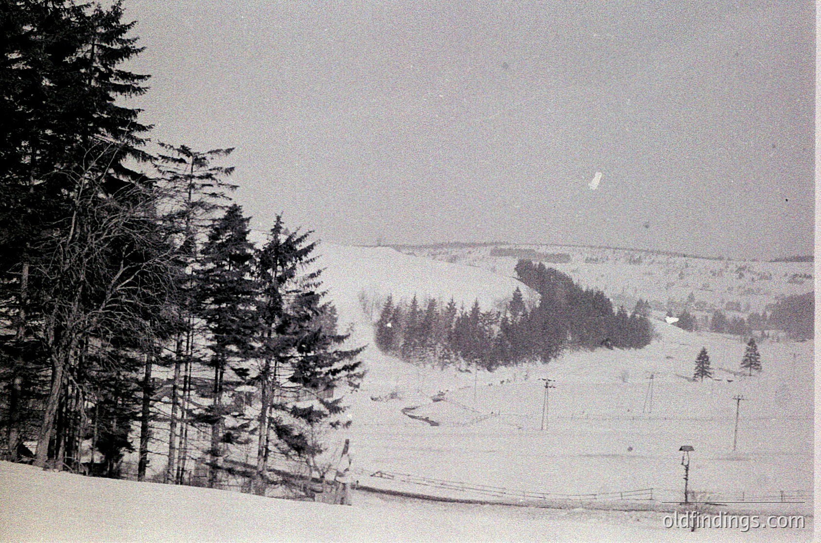 Black-and-white winter landscape featuring snow-covered slopes, sparse evergreen trees, and utility poles. Likely a mid-20th century alpine resort or rural area.