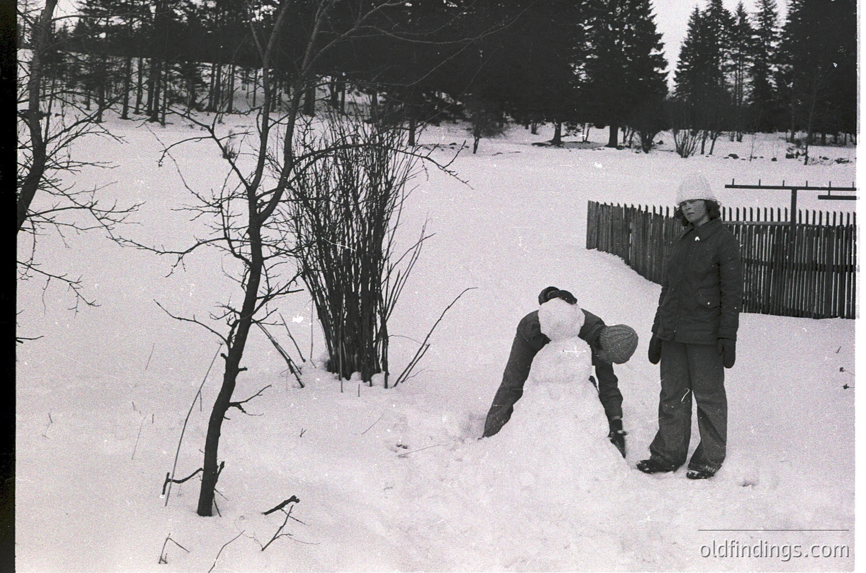 Two individuals build a snowman in a wooded area, mid-20th century. One kneels shaping snow, the other stands holding a cylindrical object. Bare trees and a wooden fence frame the scene.
