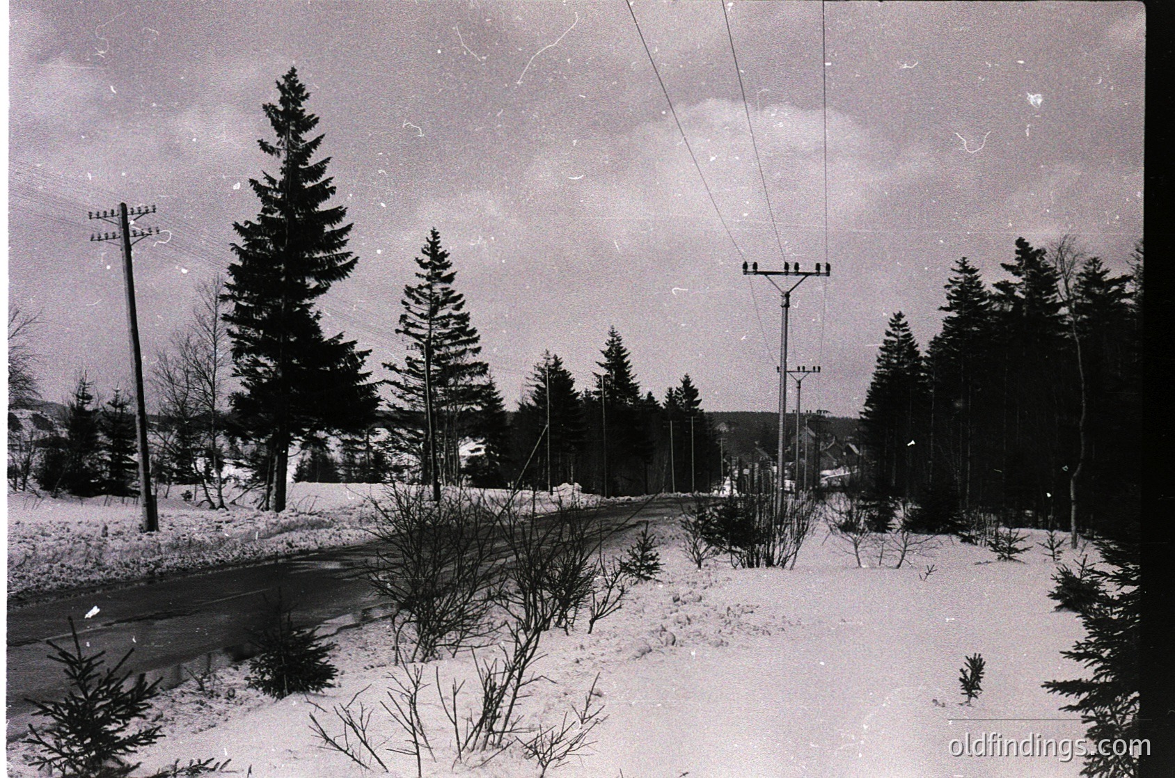 Mid-20th century rural winter scene with snow-covered road flanked by evergreen trees and utility poles. Overcast sky and sparse residential structures in background suggest a quiet, isolated village.
