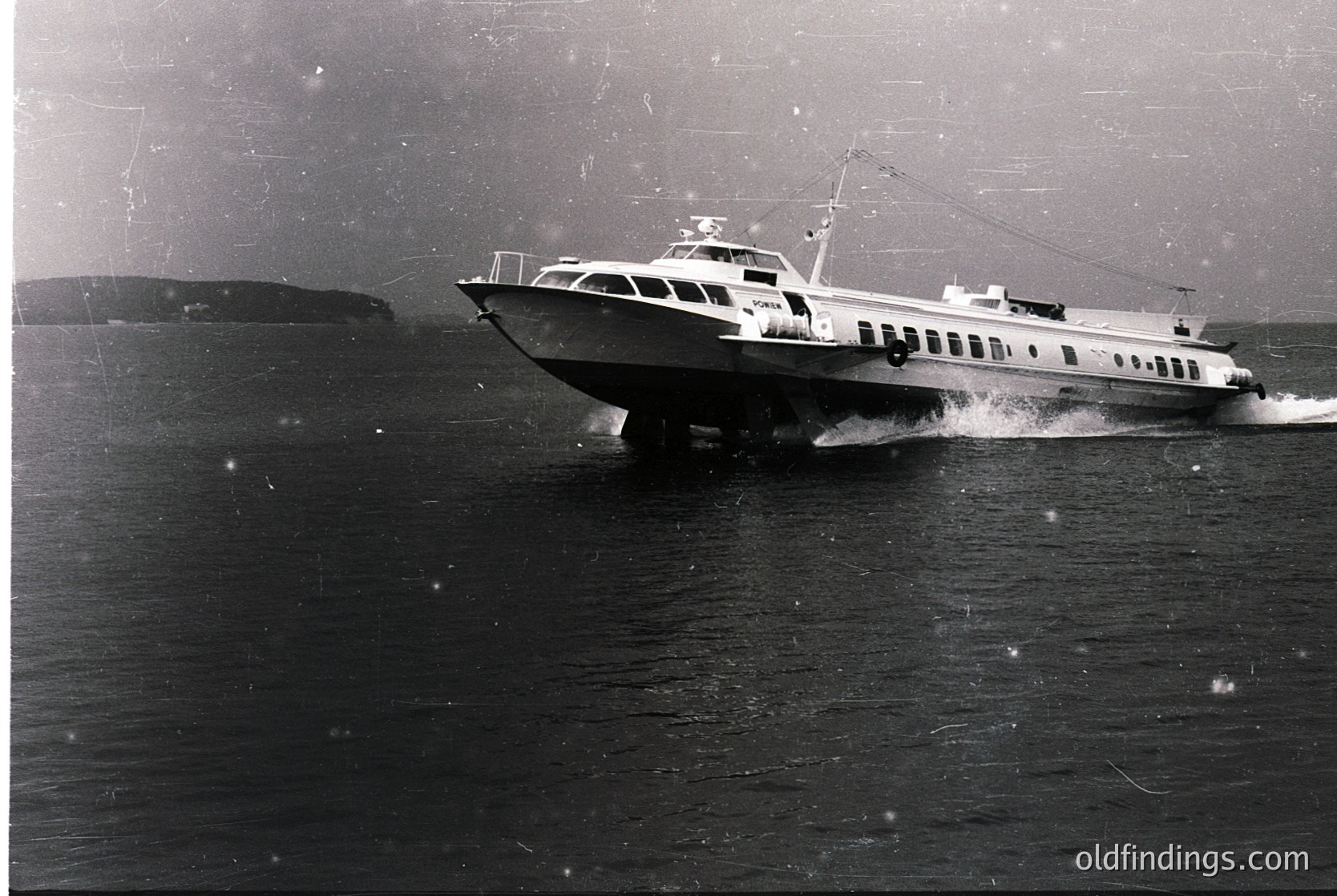 Mid-20th century ferry cutting through choppy waters, likely a coastal route. Sleek, utilitarian design with visible "Sofia" branding—suggests Bulgarian maritime transport. Foggy seascape and grainy texture indicate vintage or photography. Ideal for maritime history or stock imagery of vintage transport.