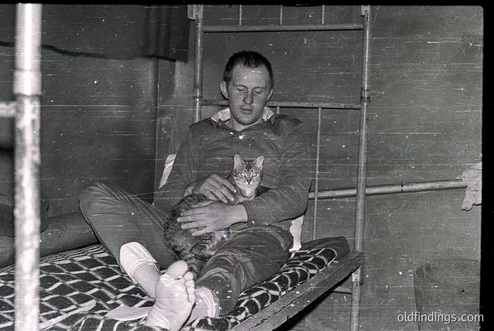 Man in 1960s-70s indoor setting holds tabby cat on metal-framed bed with patterned blanket. Industrial scaffolding and brick wall suggest construction or renovation. Candid, black-and-white snapshot captures intimate moment.