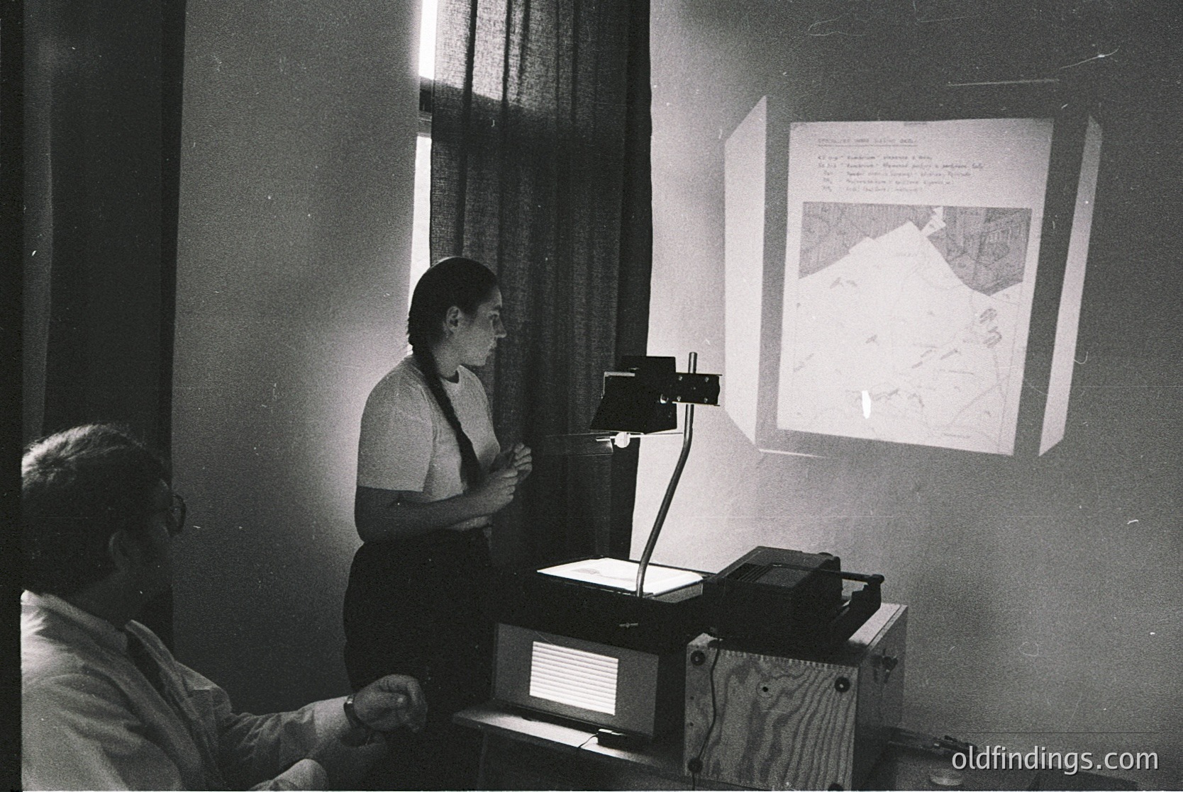Mid-20th century classroom lecture on geography or cartography. Woman in 1960s-style attire projects a detailed map onto a wall, using a vintage slide projector. Audience sits in simple wooden chairs; text on screen appears in Cyrillic script.
