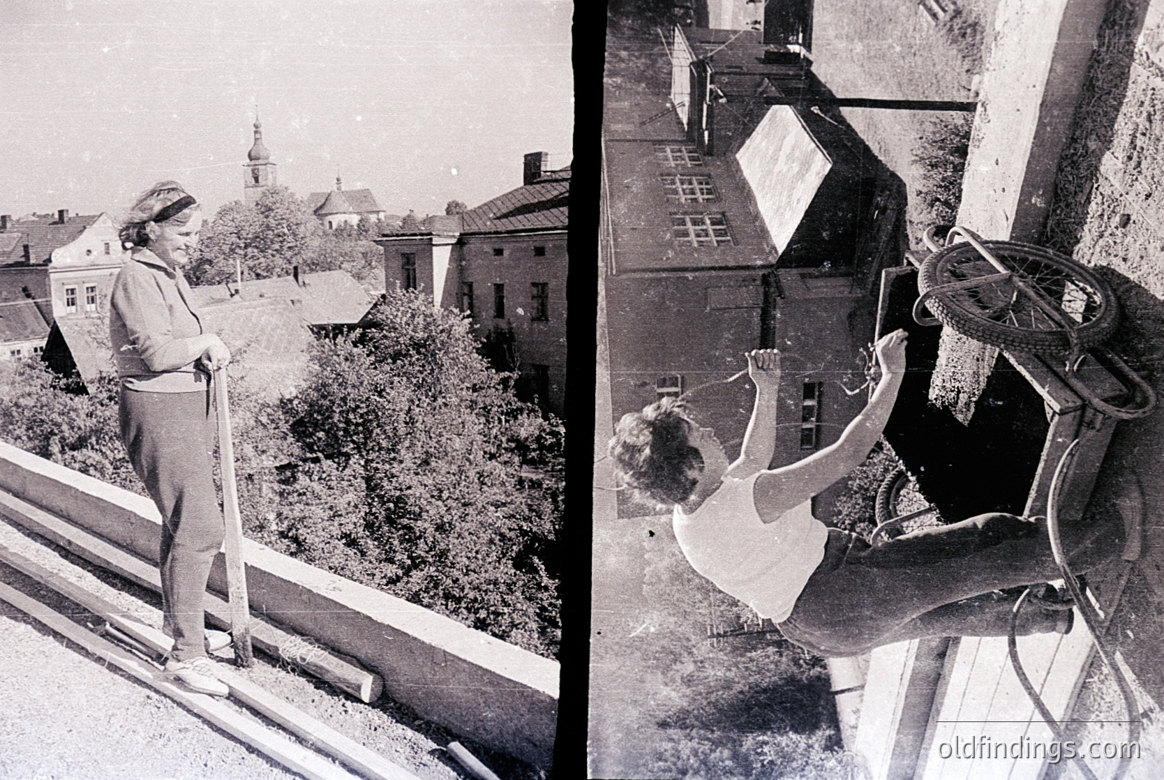 Vintage split-image: Left—woman in 1960s-style trousers and blouse poses on a rooftop balcony overlooking a European town with a church steeple; Right—same woman mid-air jump from balcony into a laundry basket.