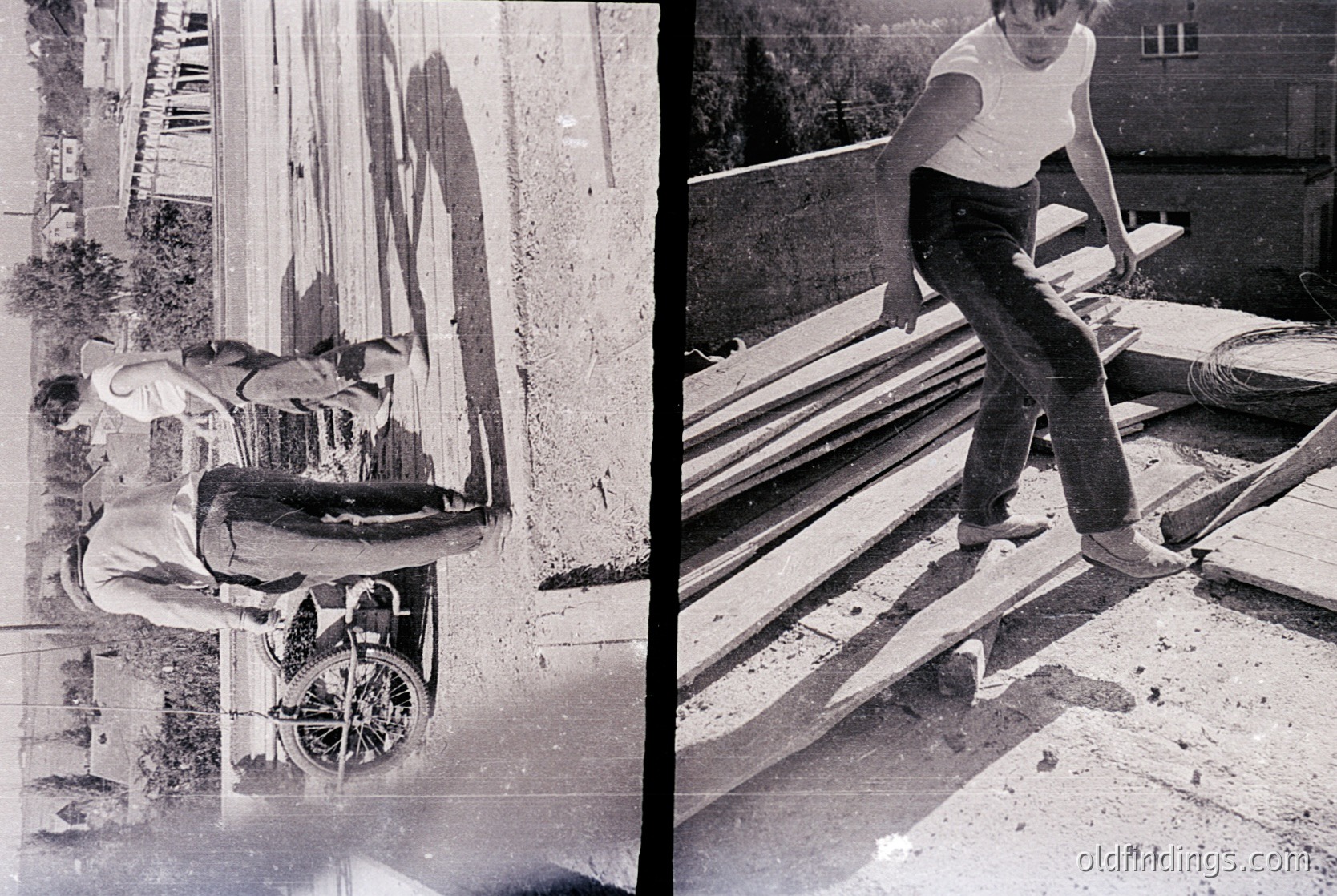 Vintage black-and-white split image: Left—man in 1960s-era workwear pushing a handcart loaded with stacked wooden planks on a rough concrete surface. Right—same man balancing on a single plank atop a pile of lumber, demonstrating manual dexterity. Industrial construction setting, likely mid-20th century.
