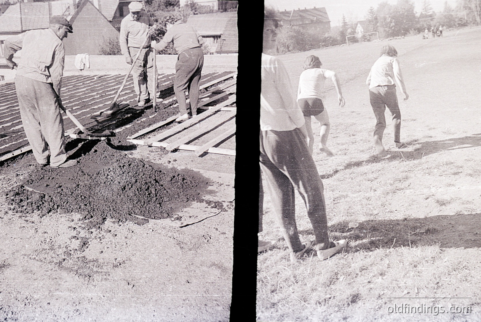 Split-panel black-and-white photo showing construction workers laying concrete in 1960s-70s. Left: three men using shovels and a wooden guide for leveling fresh concrete. Right: two workers smoothing wet concrete with hand tools. Rural or suburban setting with grassy foreground and residential buildings in background.