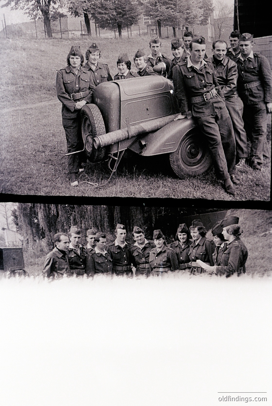 Military personnel in 1940s-era uniforms pose with a vintage motorcycle in an outdoor setting. Uniforms feature peaked caps, belted jackets, and shoulder insignia. The lower photo shows a group huddle around a map or document. Likely European, mid-20th century.