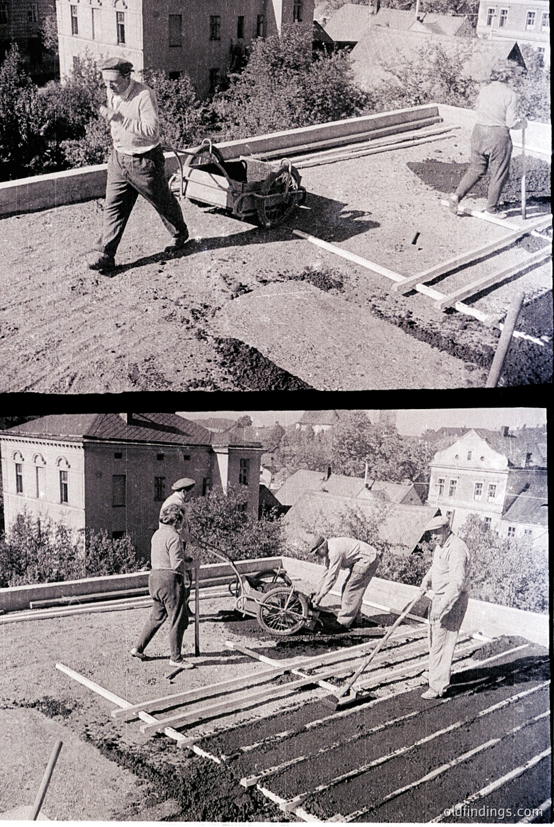 Black-and-white construction scene featuring three laborers assembling wooden planks on a rooftop terrace, likely for a flat roof or terrace floor. Mid-20th century urban setting with residential buildings in background.