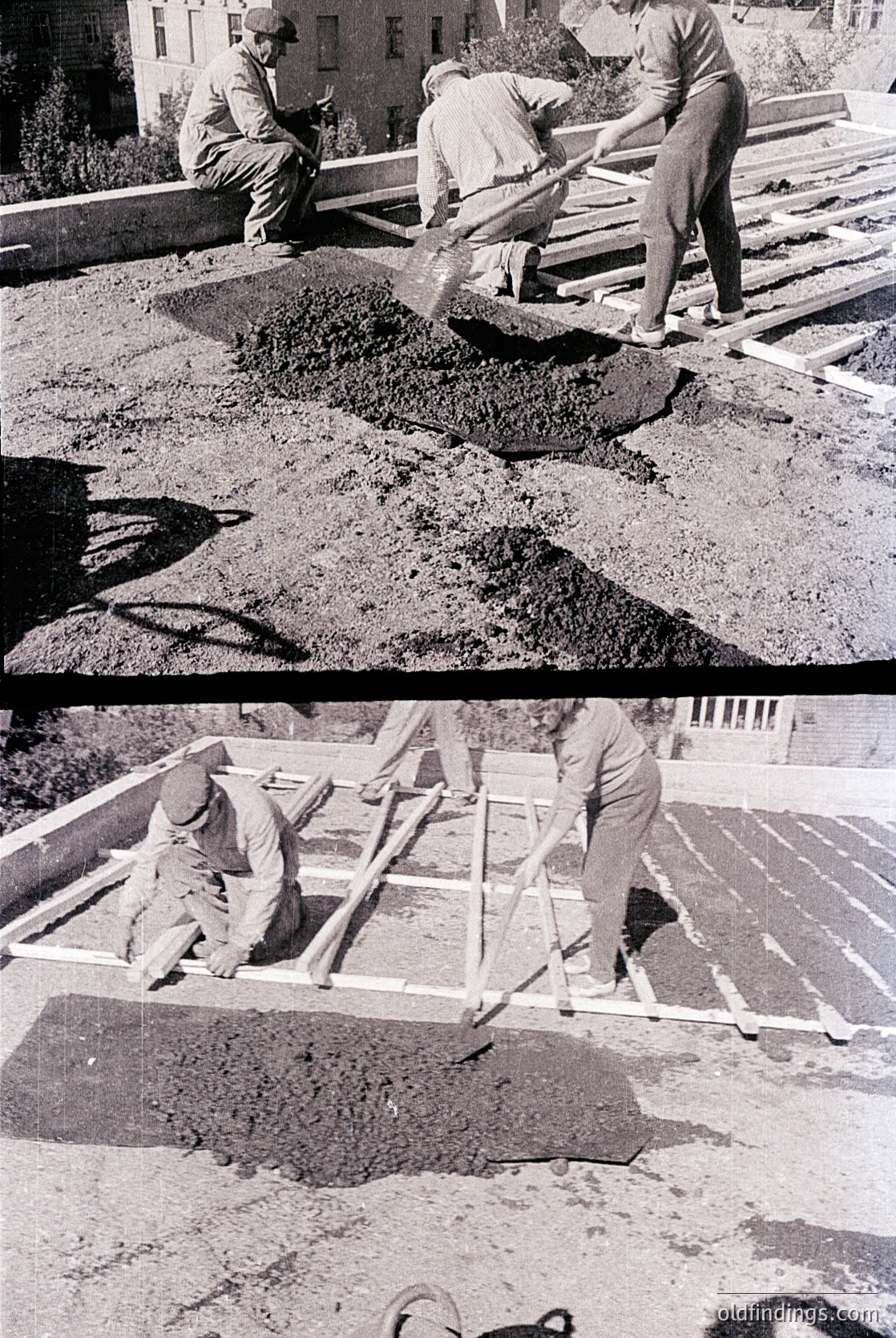 Three construction workers spread concrete in a residential area, mid-20th century. Top: mixing and pouring concrete into a foundation trench. Bottom: leveling concrete with wooden guides. Uniforms suggest municipal or small-scale construction. -1960s