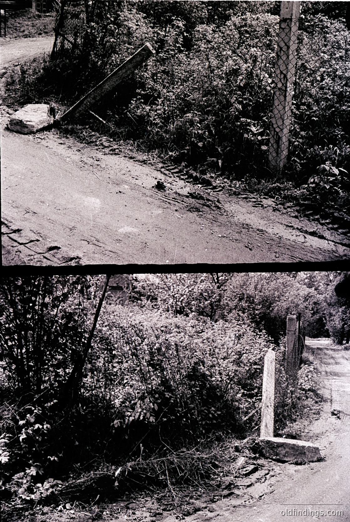Black-and-white split-image of rural roadside scenes, likely mid-20th century. Top: Gravel road bordered by dense foliage, a fallen wooden post angled across the path, and a large rock. Bottom: Same road with a weathered concrete marker post and overgrown vegetation.