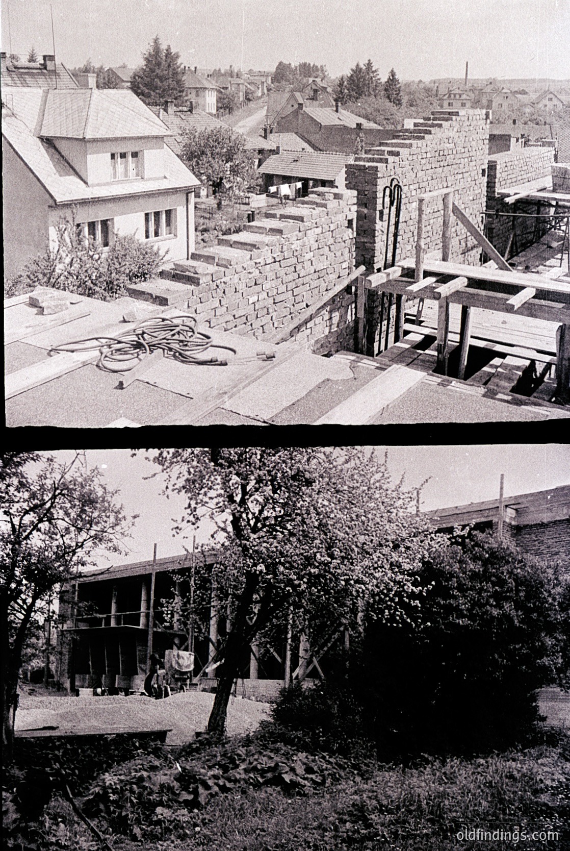 Mid-20th century residential neighborhood with stone retaining walls and sloped terrain. Top: brick houses with pitched roofs and a stone staircase leading to a courtyard. Bottom: unfinished concrete structure with scaffolding, surrounded by overgrown vegetation and mature trees. Likely Eastern European,