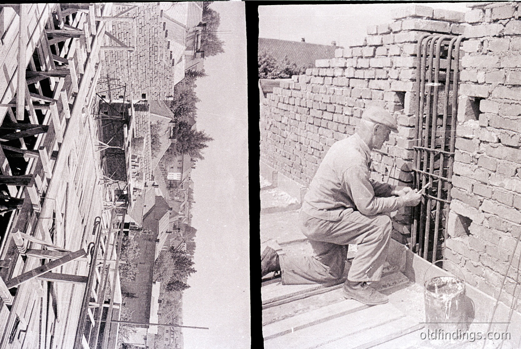 Mid-20th century construction scene featuring reinforced concrete work. Left: Formwork and rebar framework for a multi-story building, likely residential or institutional. Right: Worker in rolled-up sleeves and cap mixing concrete, with a bucket beside him.