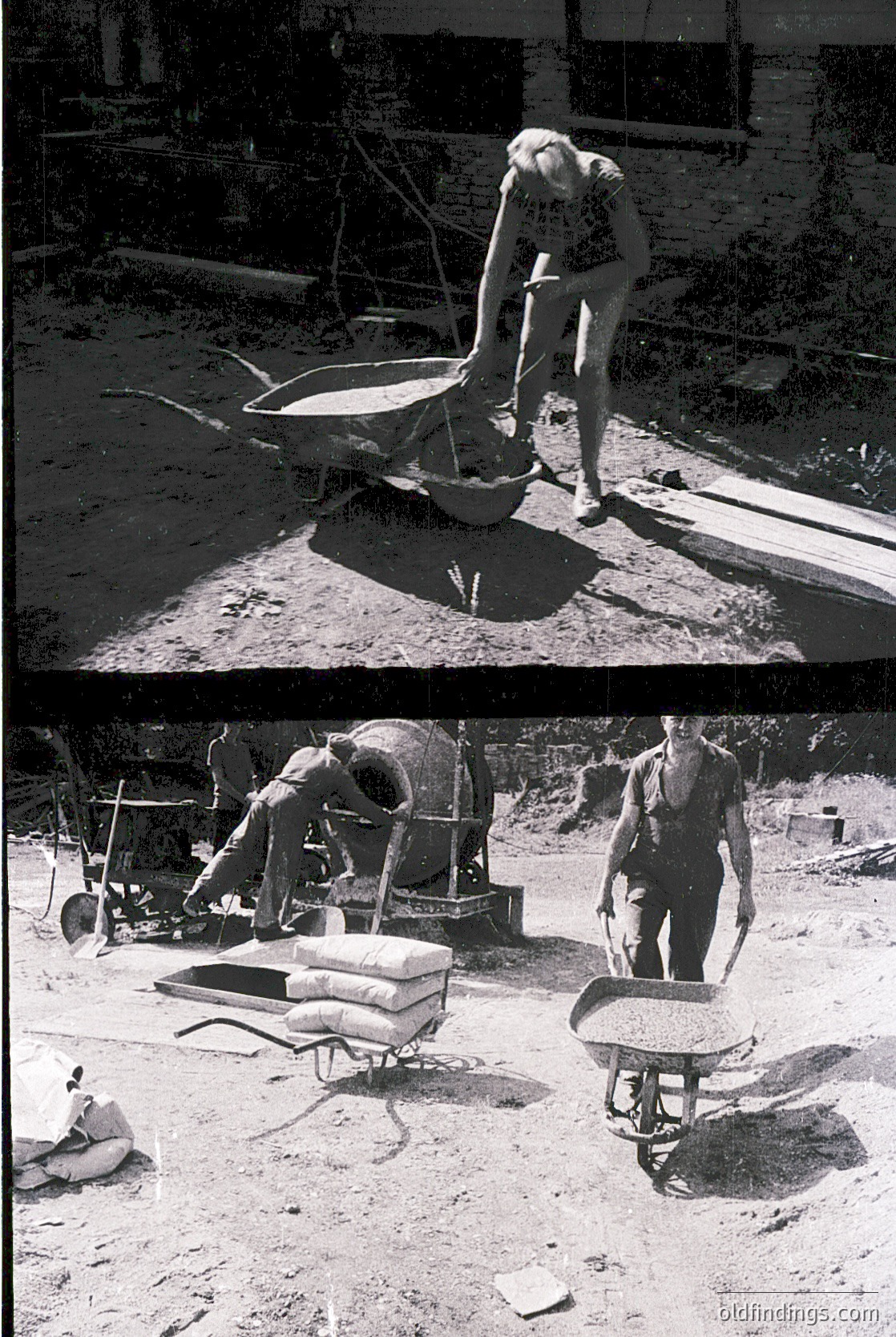 **Top:** Worker in mid-20th-century construction gear pours concrete from a wheelbarrow, likely mid-1950s–1970s. Brick foundation and wooden planks suggest early-stage site prep. **Bottom:** Construction crew mixing concrete on-site, with wheelbarrows, tools, and a seated worker. Reinforced concrete footing visible.