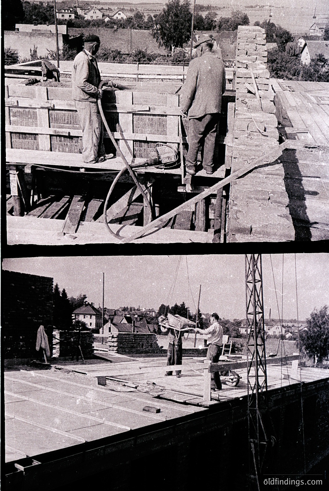 **Top Image:** Mid-20th century construction scene featuring two workers on a wooden scaffold. One holds a long tool (likely a trowel or straightedge), while the other operates a hand-powered winch or pulley system. Stone blocks and unfinished masonry suggest early-stage brickwork or foundation. Rural or small-town setting with greenery and distant buildings. --- **Bottom Image:** Same construction site with workers installing large, flat stone or concrete slabs. One man uses a lever or crowbar to position a slab, while another secures it. Rooftop or elevated platform with visible utility poles and residential structures in background.
