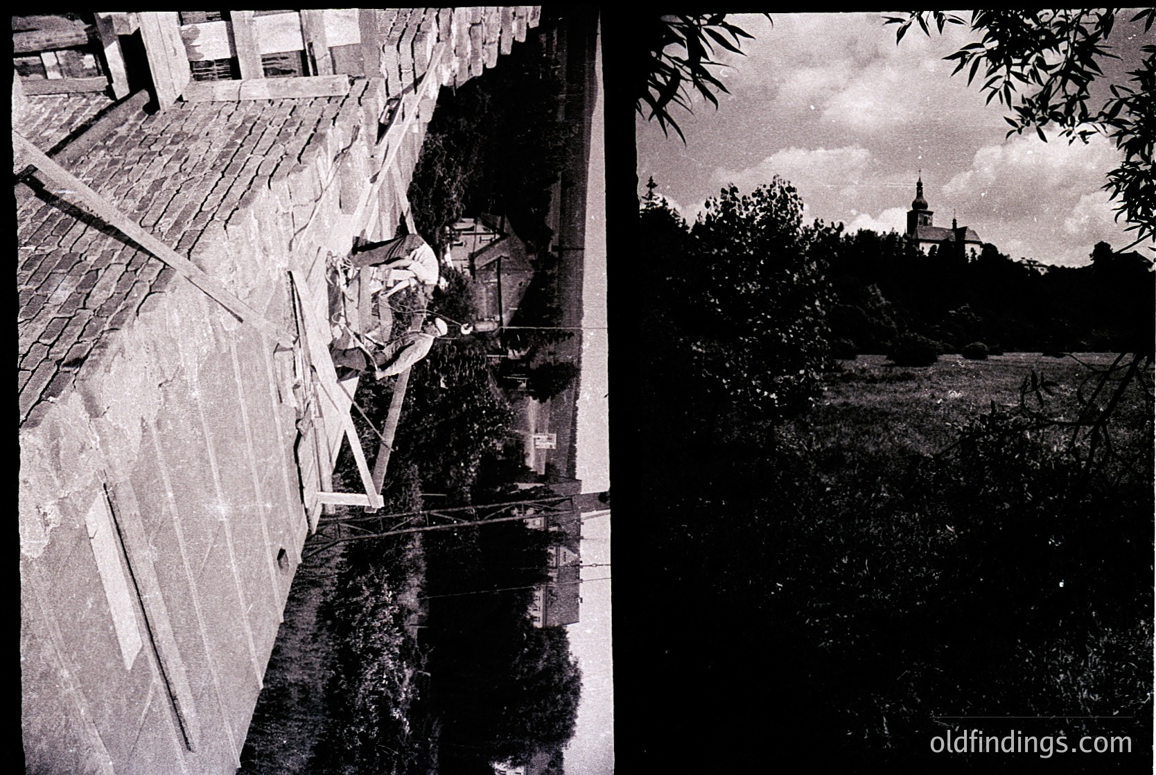 Vintage split-frame photo: Left—urban alleyway with exposed brick walls, wooden planks, and a lone figure in mid-stride; right—silhouetted trees framing a distant church spire under storm clouds. Architectural details suggest Eastern European urban setting, likely 1950s–1970s.