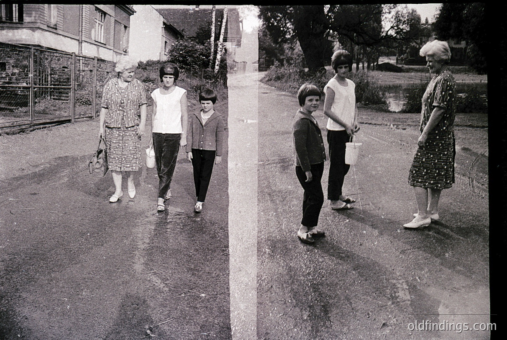 Two women and two children walking on a residential street, 1960s-1970s. The woman on the left wears a floral dress and carries a handbag; the woman on the right holds a bucket. Children in short-sleeve shirts and knee-length pants. Fenced backyard and modest brick houses in background. Diptych format captures candid moments.