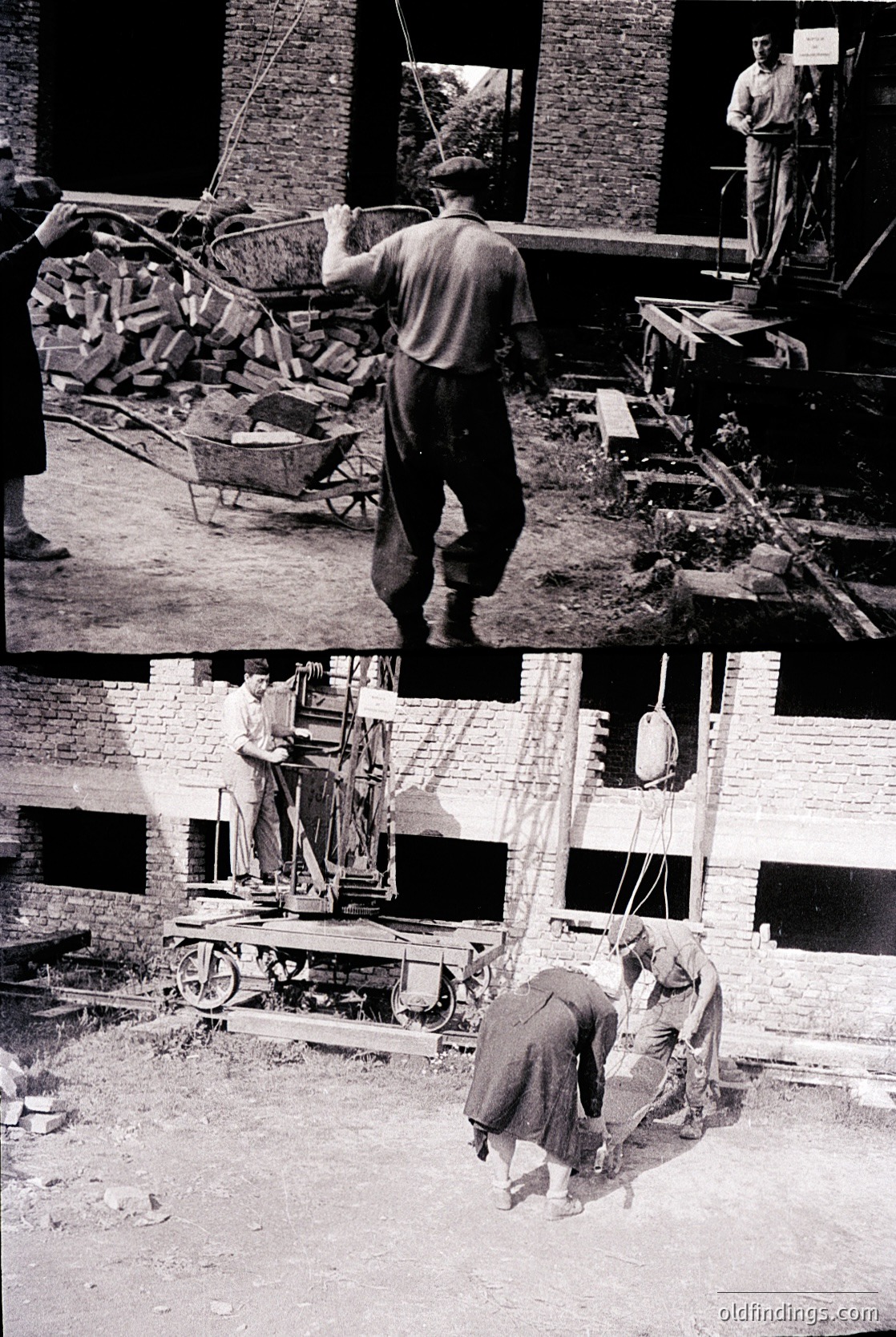 Mid-20th century construction site featuring brickwork and heavy machinery. Workers in utilitarian clothing operate cranes, load materials, and assemble structural elements. Raw brick walls and scaffolding indicate early-stage industrial or residential building.