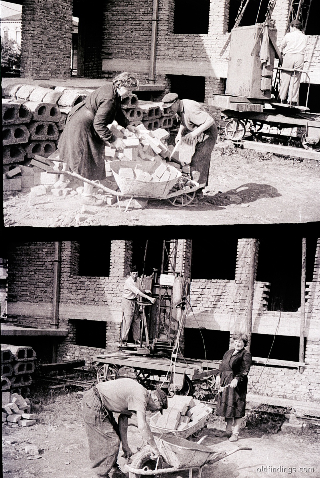 Two black-and-white photos capturing industrial bricklaying in mid-20th century. Workers handle bricks and mortar in a partially constructed brick building, with stacked bricks visible in the background. Heavy wooden scaffolding and tools like trowels and wheelbarrows are prominent. Likely Eastern European industrial site, 1950s-1960s.