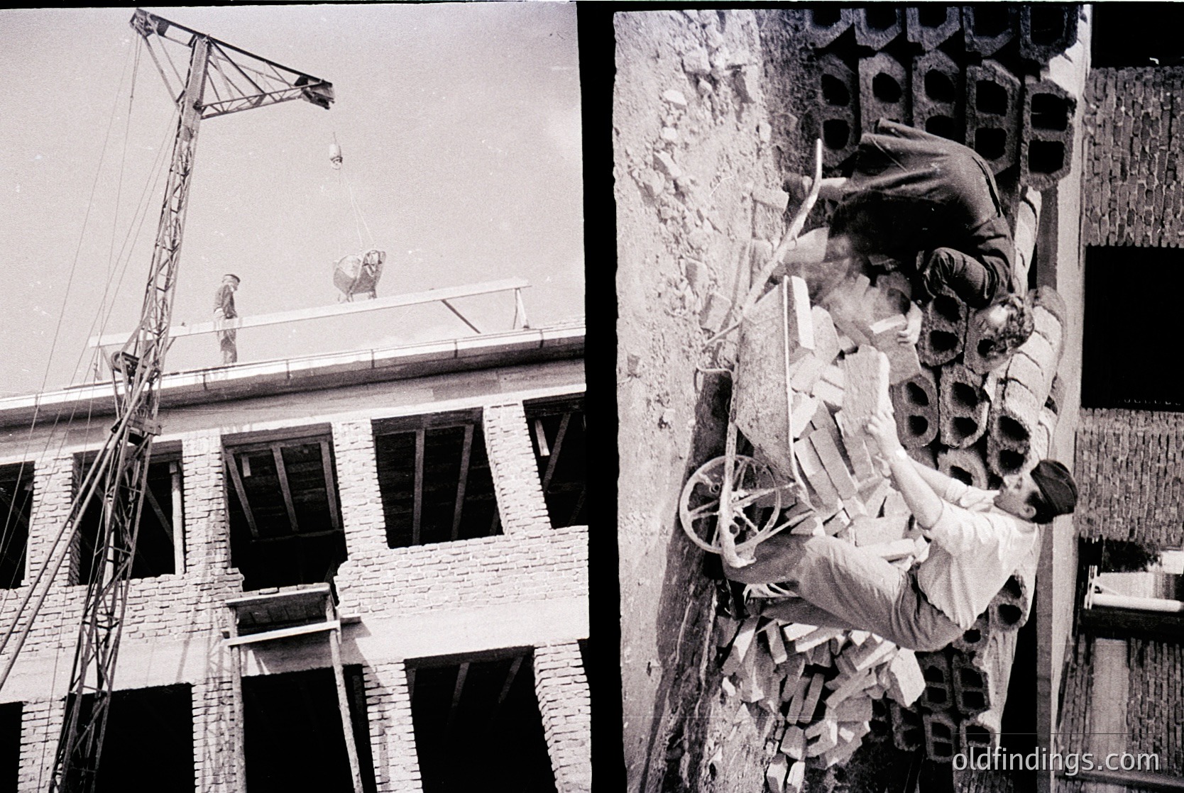 Mid-20th century construction site featuring bricklaying techniques. Left: crane hoists materials to workers on rooftop; brick facade under construction. Right: worker climbs scaffolding laden with bricks, illustrating manual labor intensity. Industrial architecture, likely Eastern Bloc