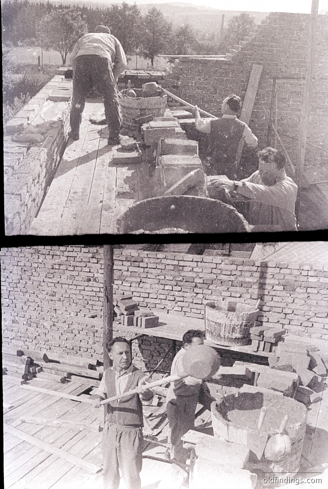 Mid-20th century black-and-white photos of traditional bread-making using stone mills. Top: Workers load grain into a large wooden mill wheel. Bottom: Two men operate manual millstones, with stacked bread loaves drying on racks. Rustic brick oven and wooden tools visible.
