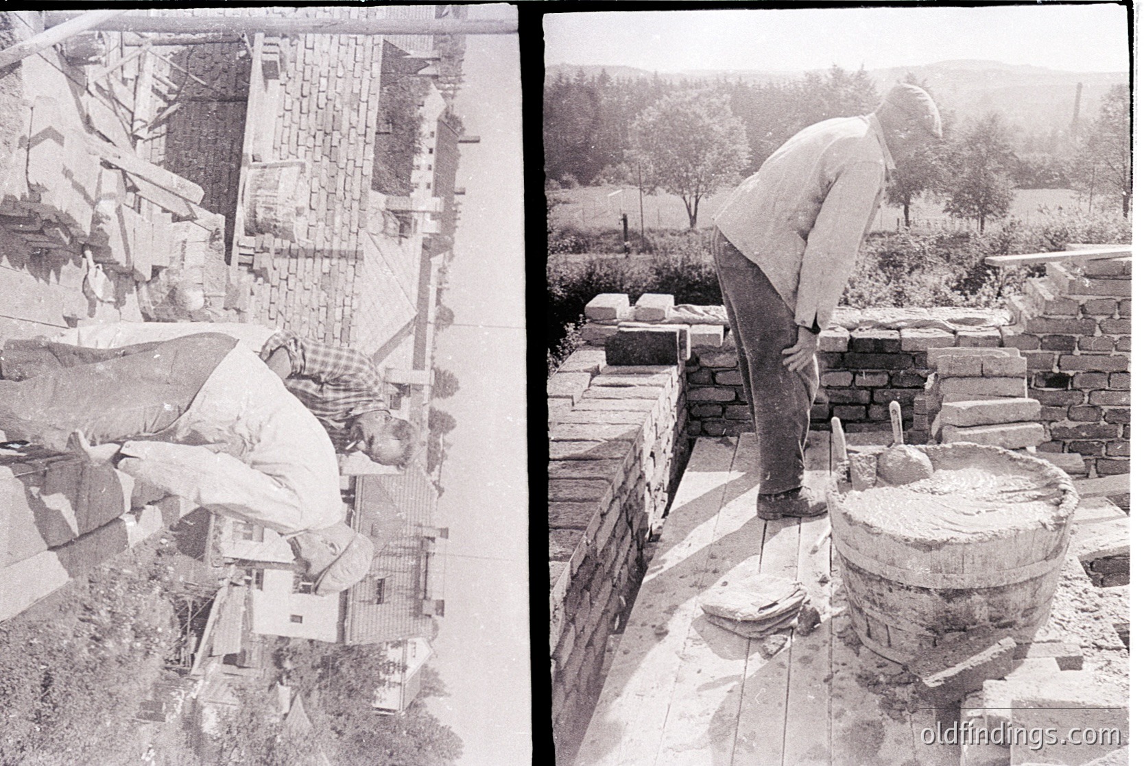 Vintage black-and-white photo showing traditional brick-making process. Left: stacked bricks and clay molds in rural setting; right: worker shaping clay in large mold. Mid-20th century craftsmanship, likely Eastern Europe.