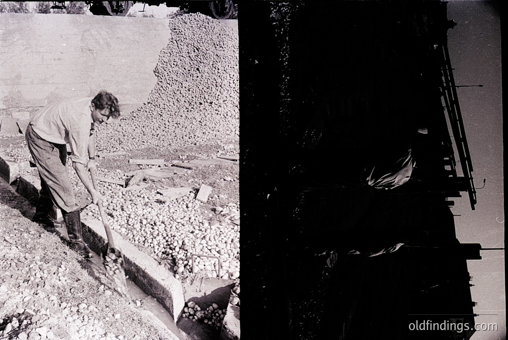 Black-and-white photo of a construction worker examining a concrete slab, likely mid-20th century. Right side shows a close-up of a metal formwork detail.
