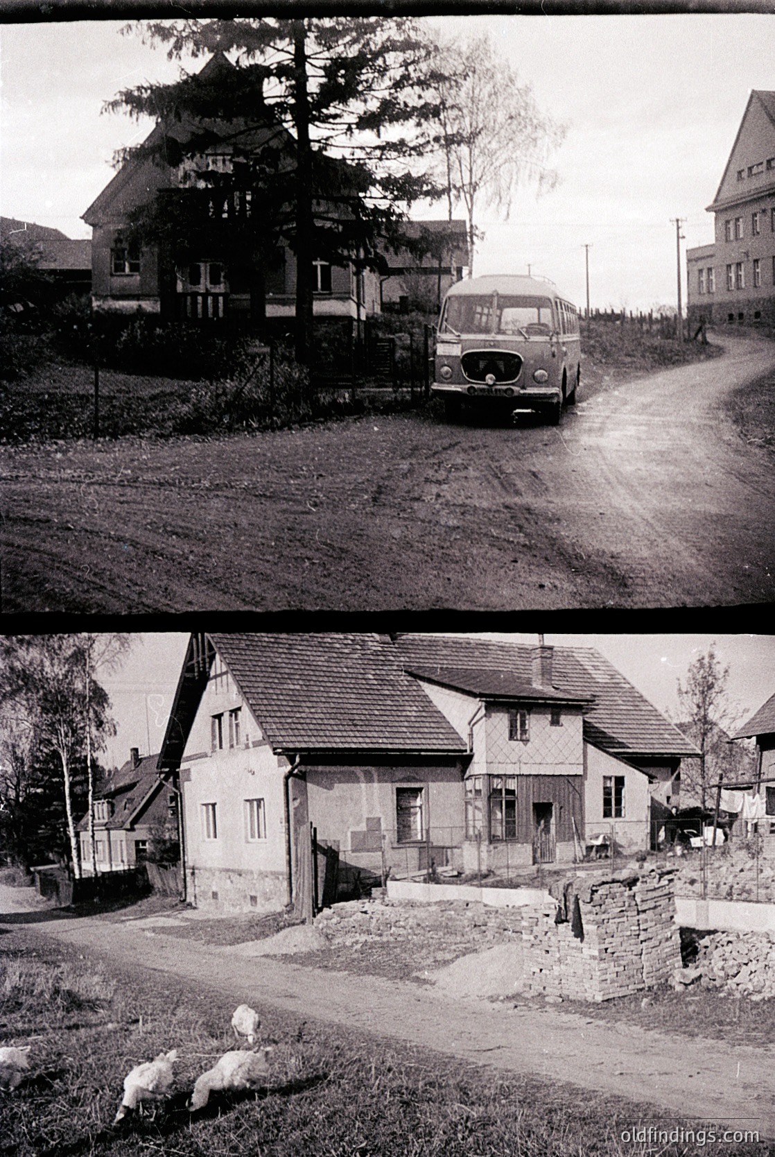 Mid-20th century rural European village scene: vintage van parked on unpaved road beside weathered timber-framed houses ( ). Sheep grazing in foreground suggests agricultural heritage. Architectural details like slate roofs and stone foundations highlight traditional craftsmanship. Ideal for historical research or nostalgic design references.