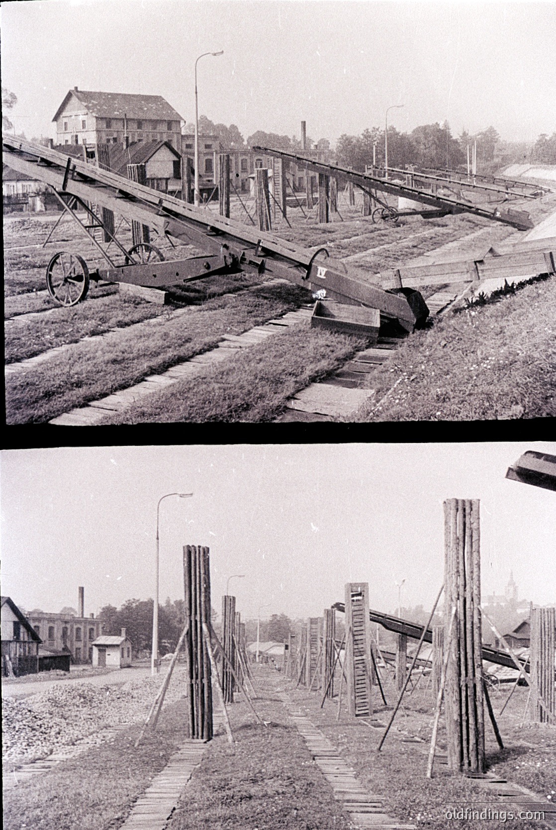 Mid-20th century railway construction site with wooden trestle bridges and track-laying equipment. Top: Conveyor-like rail car on sloped track, adjacent to wooden buildings. Bottom: Wooden support beams and temporary fencing along newly laid tracks.