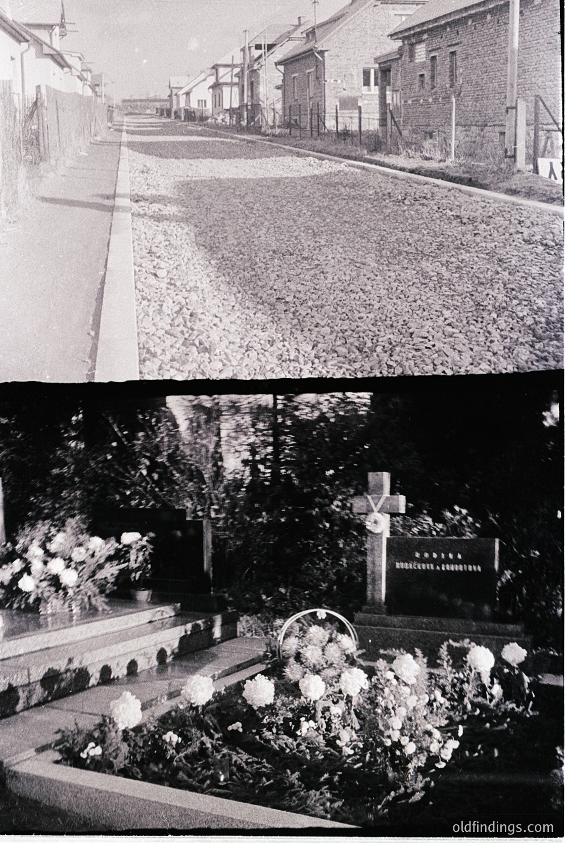 **Top:** Gravel road flanked by modest brick buildings, likely residential or institutional, with a single-track railway line in the distance. Mid-20th century European street scene. **Bottom:** Ornate grave adorned with wreaths, a cross, and inscribed stone plaque in Cyrillic script. Formal cemetery setting, likely Eastern European.