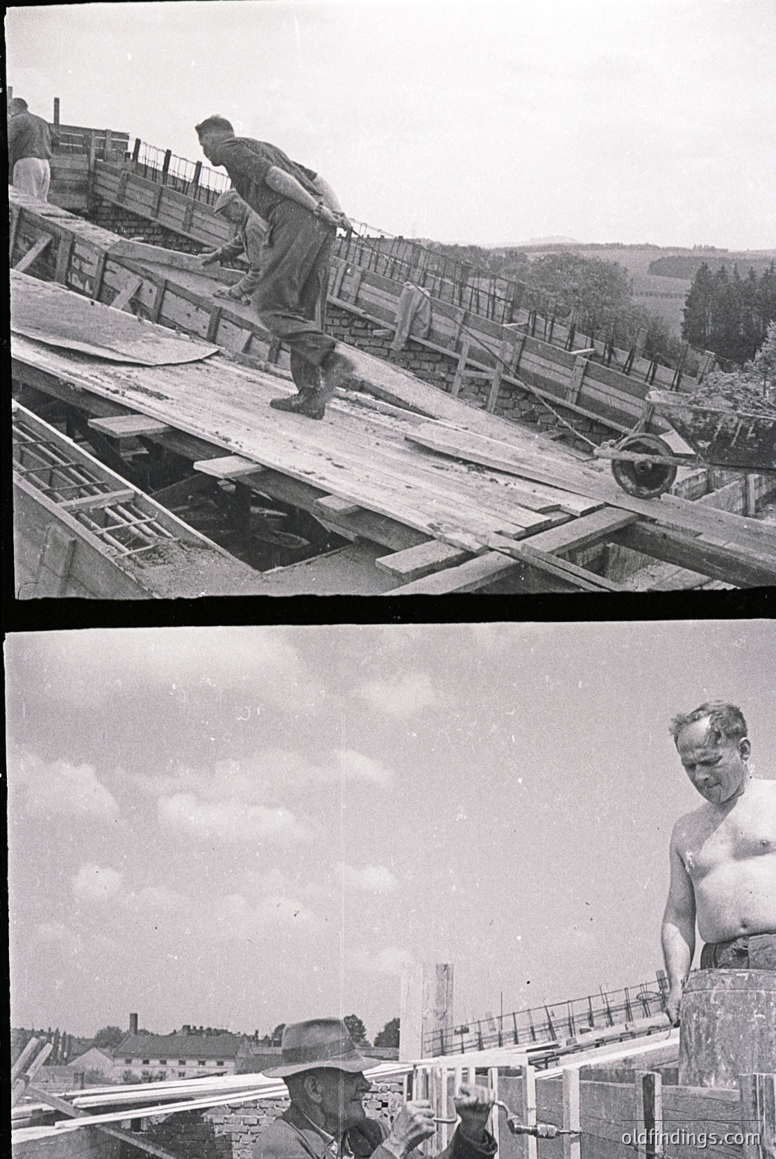 Black-and-white construction site photos, likely 1950s–1960s, showing two men working on wooden scaffolding. Top: Worker in rolled-up sleeves and cap positions planks. Bottom: Shirtless man in hat inspects scaffolding, another man in background. Rural or industrial setting with distant structures.
