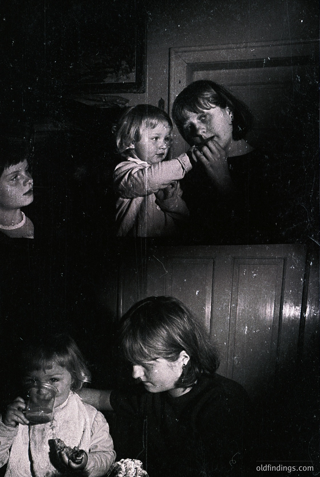 Vintage black-and-white split photo of three children in a dimly lit room, likely mid-20th century. Top: Two children hugging an adult woman near a door; bottom: Two children seated, one holding a toy. Wooden door and simple furnishings suggest domestic setting.