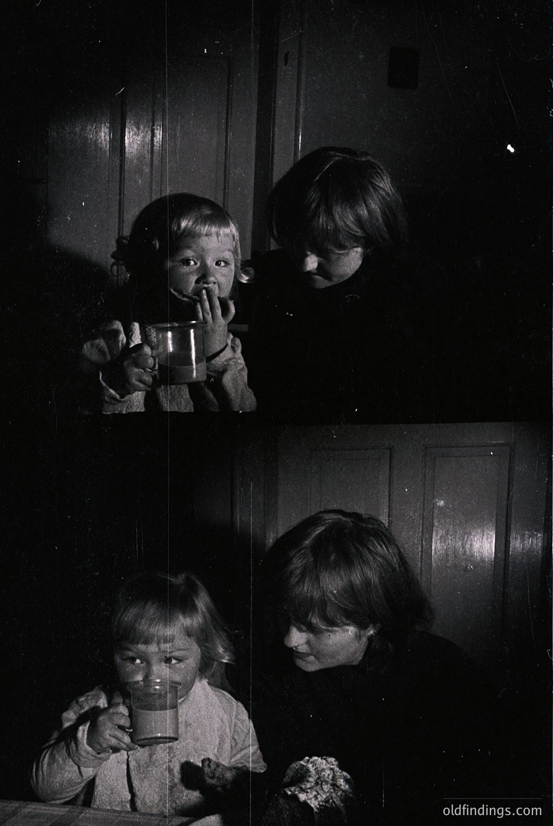 Vintage split-screen photo of two children drinking from ceramic mugs at a table, likely mid-20th century. Dark, grainy monochrome with soft lighting highlights faces and table surface.