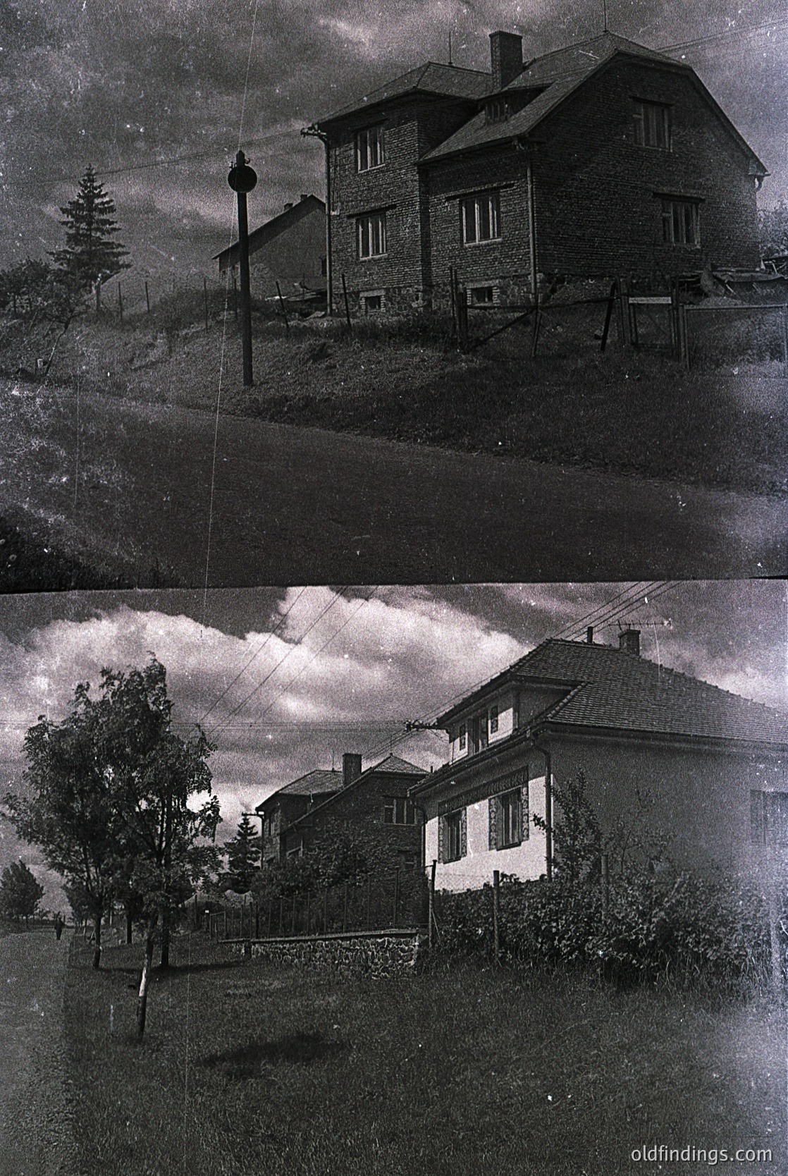 Two vintage sepia-toned photos of a two-story stone house with a pitched roof, surrounded by a modest garden and mature trees. The architecture suggests early-to-mid 20th-century European rural design. The top image captures the house from a low angle, emphasizing its elevated foundation and stone construction. The bottom photo shows the house from a street-level perspective, highlighting a wooden fence and overcast skies. [Early 20th-century European rural stone house with pitched roof and garden. ]