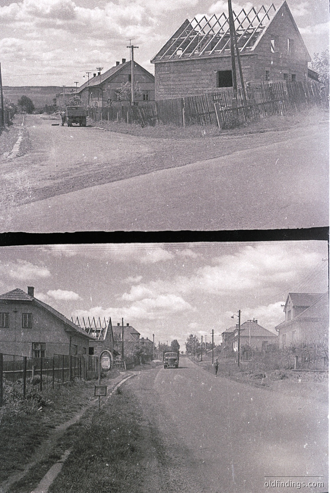 Mid-20th century rural roadside with wooden farmhouses, unpaved lanes, and vintage vehicles. Top: Single-story barn with gable roof and exposed rafters, utility poles, and a parked truck. Bottom: Curved road flanked by modest brick homes, a white van, and a signpost.