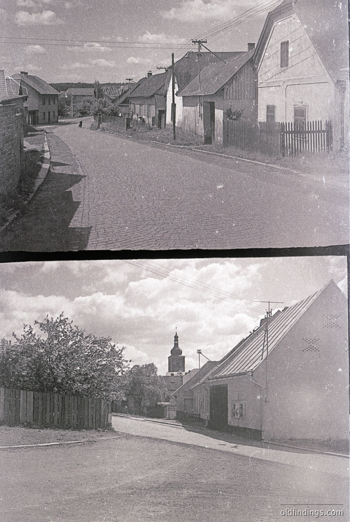 **Top Image:** Rural street scene with cobblestone road, wooden houses with gabled roofs, and utility poles. Mid-20th century European village architecture. **Bottom Image:** Narrow road flanked by wooden fences, a church steeple in background, and a house with a corrugated metal roof. Likely Eastern European village, 1950s-60s.