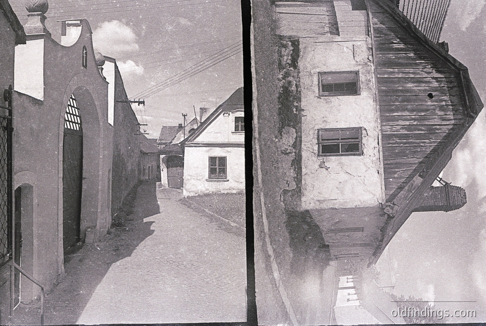 Vintage split-image of a narrow European alleyway, likely 20th century. Left: arched stone entrance with wrought-iron gate; adjacent whitewashed building with shuttered windows. Right: weathered wooden house with peeling paint and exposed beams, set on uneven terrain.