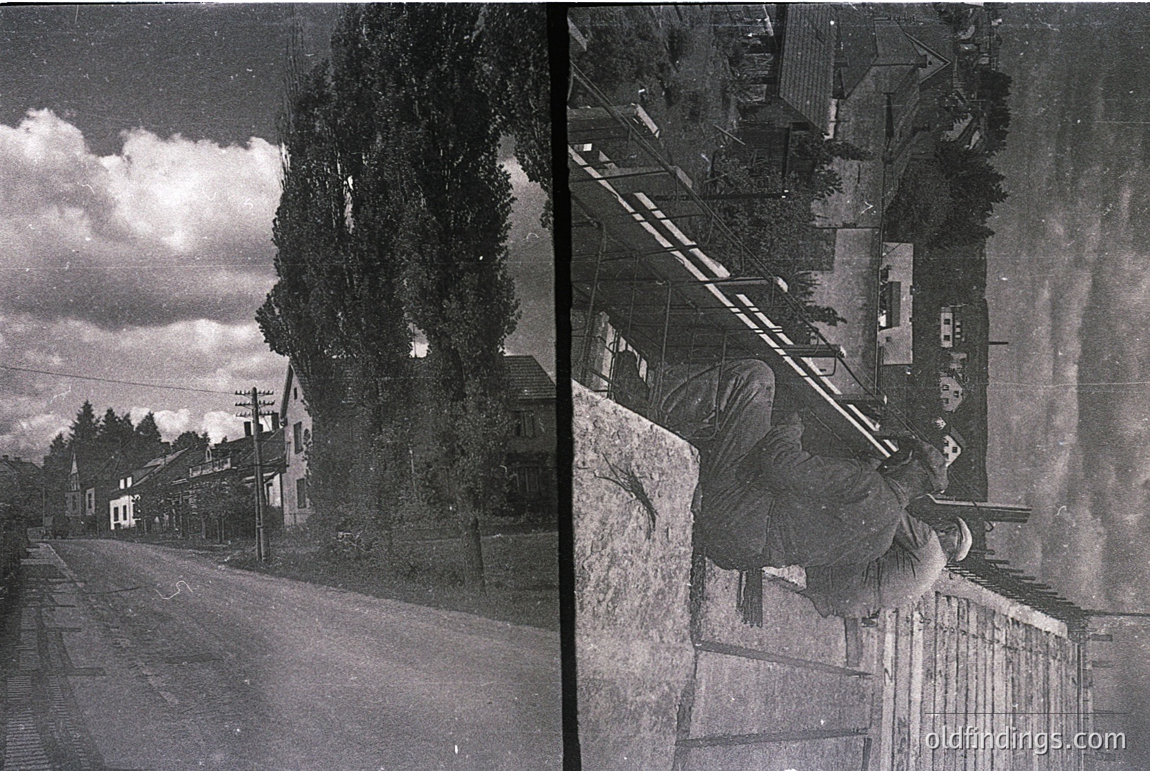 1930s-era village street with wooden houses and utility poles. Right panel shows a man leaning over a stone wall, possibly repairing or inspecting a fence. Rural European setting with overcast skies and dense greenery.