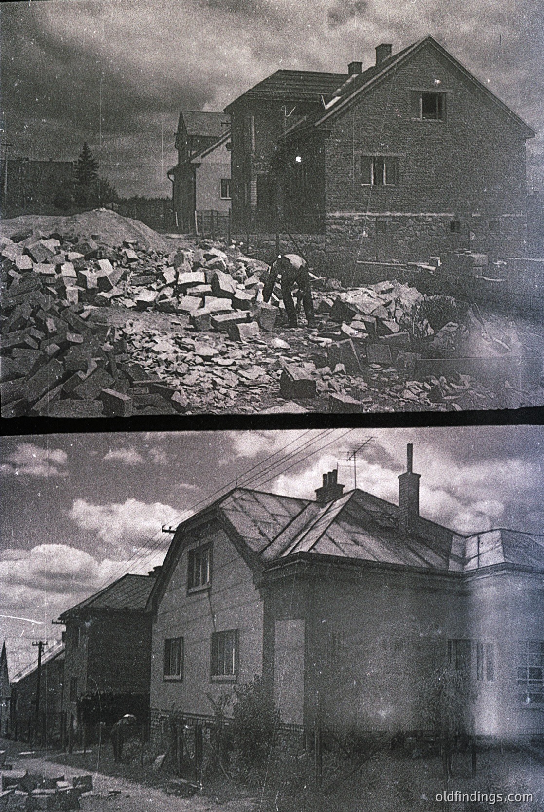 Mid-20th century black-and-white split image: Top shows post-war debris clearing with two-story stone house partially collapsed, workers removing rubble. Bottom depicts same house rebuilt, intact with chimneys and street view.