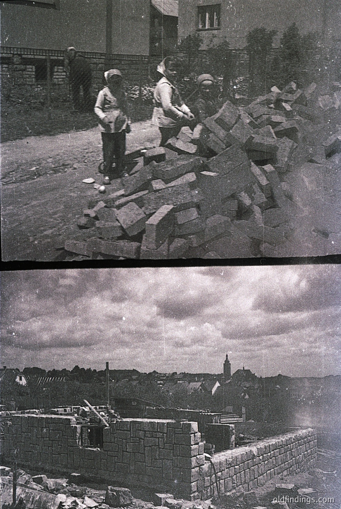 **Top Image:** Group of men in 1960s-era workwear clearing rubble from a street, likely post-construction or demolition. Urban setting with brick debris piled high. **Bottom Image:** Low-angle view of a stone barrier or retaining wall under construction, with distant cityscape and church spire. Mid-20th-century urban development.