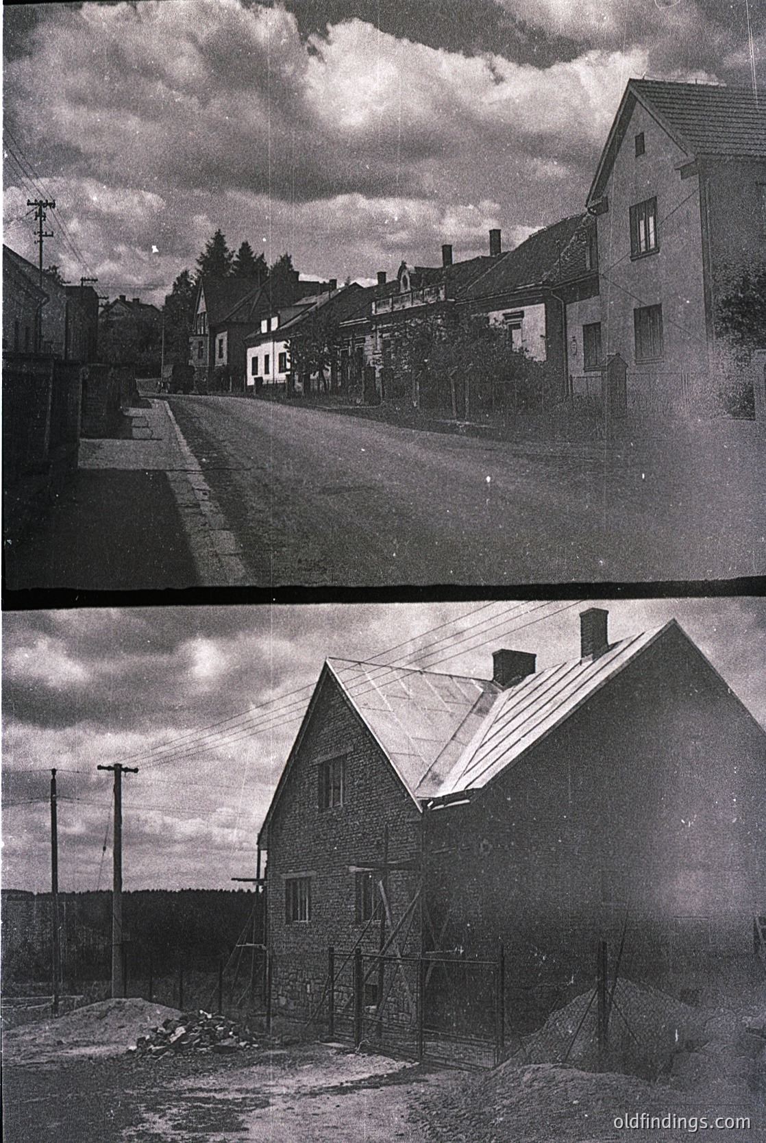 Vintage black-and-white street scene showing modest, single-story homes with pitched roofs and small gardens, likely from the early-to-mid 20th century. The top image captures a quiet residential road with a slight incline, lined with utility poles and trees. The bottom image focuses on a corner house with exposed brickwork and a fenced backyard, suggesting rural or suburban European architecture.