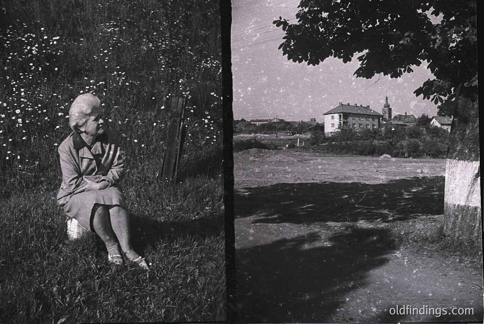 A mid-20th-century black-and-white split-image: Left, a woman in a knee-length dress sits cross-legged on grass, hands clasped, beside a small white object. Right, a serene pond reflects trees and a distant building with a tower.