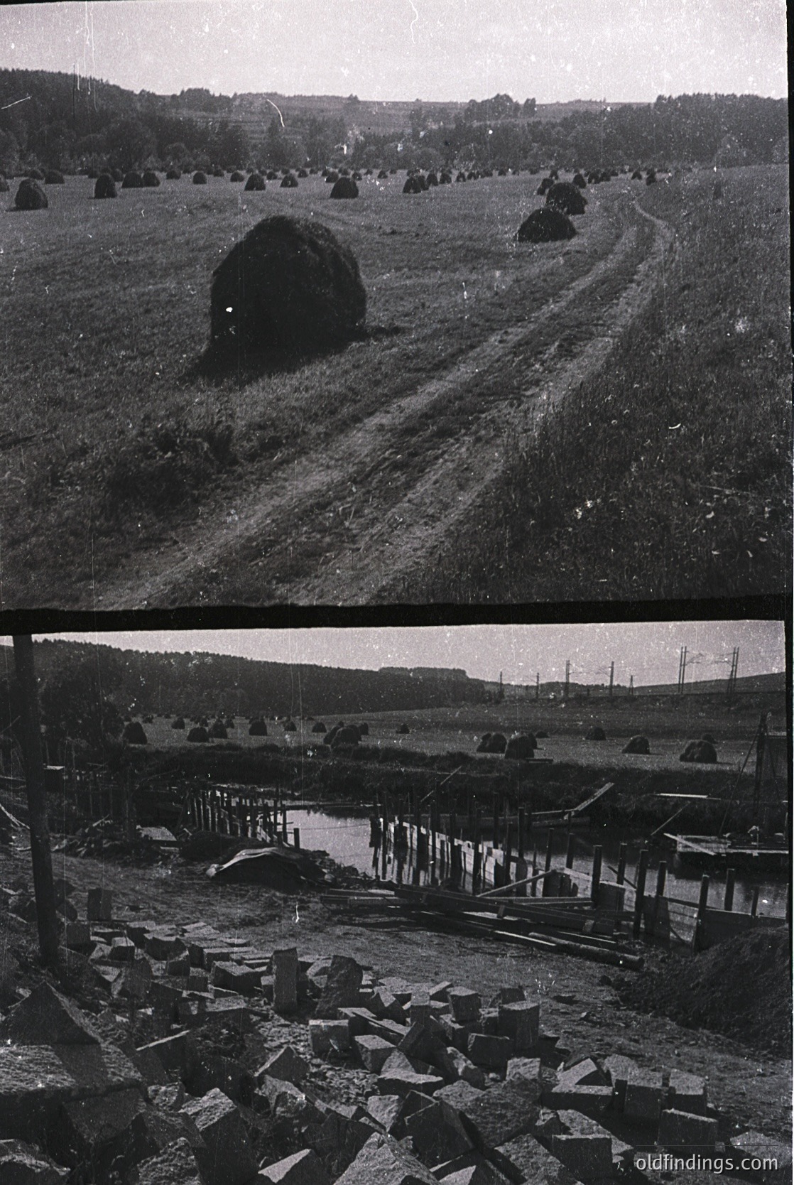 **Top Image:** Mid-20th century rural landscape featuring haystacks arranged in orderly rows across a plowed field. A lone haystack in the foreground suggests recent harvesting. Distant treeline and faint road indicate agricultural activity. --- **Bottom Image:** Post-war industrial site with scattered debris, including concrete slabs and metal fragments, near a body of water. Overhead power lines and partially submerged structures hint at abandoned infrastructure. --- *Note: Both images suggest European or North American contexts due to architectural/land use patterns, but precise location cannot be determined.*