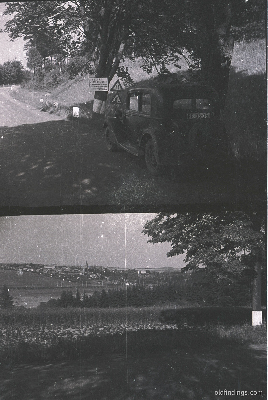 Vintage black-and-white split photo: Top—early 20th-century roadside scene with a classic car (likely 1920s-1930s) parked near a warning sign on a winding road. Bottom—panoramic view of a rural landscape with dense foliage, a distant town, and a body of water.